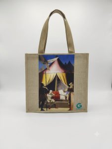 Borsa con manici lunghi in plastica e tessuto ecrù con l’immagine del Sogno di Costantino di Piero della Francesca 33x34 cm