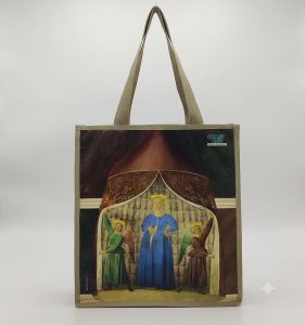 Borsa con manici lunghi in plastica e tessuto ecrù con l’immagine della Madonna del Parto di Piero della Francesca 33x34 cm